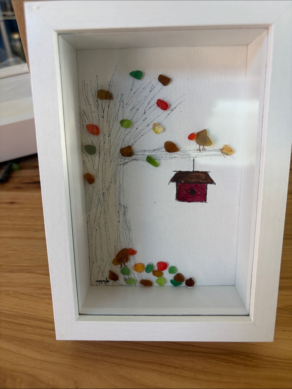 Framed Seaglass Tree & Birdhouse Wall Art - White Frame, Multicolor